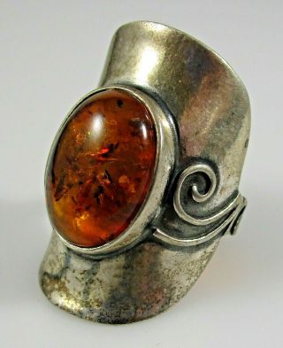 Pz Israel Ring Sterling Silver Amber Size 8 Vintage 7.  6 Grams