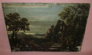 Antique 19th C Oil Painting On Tin Continental Castle Church Ruins Men Horses
