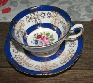 Rare Royal Grafton England Porcelain Cup & Saucer Floral Spray Cobalt Blue Gold