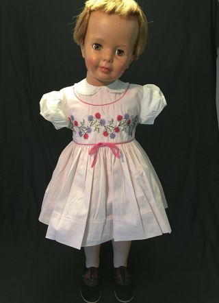 Vintage Dress For Ideal Patti Playpal Fits 35” Doll Pink W/ Embroidered Flowers