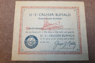 Rare Ww2 U.  S.  Home Front War Bond Certificate For U.  S.  Cruiser Buffalo