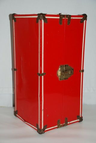 Vintage 1950s Red Metal 16 " Doll Clothes Wardrobe Steamer Trunk Carrying Case