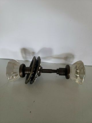 Pair Vintage Antique 12 Point Glass & Brass Door Knob Set With Steel Spindle