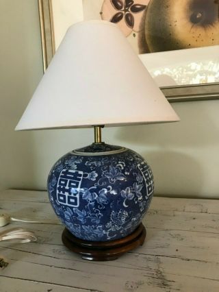 Chinese Asian Small Hand Painted Ceramic Blue White Table Lamp With Wood Base