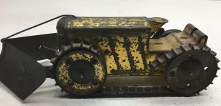 Vintage Marx Wind Up Gold Tin Climbing Tractor With Rare Dozer V Blade.