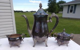 Vintage Leonard Silver Plate 3 Piece Coffee Tea Pot Creamer Sugar