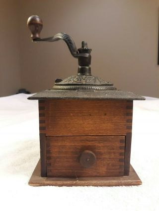 Antique Wood With Cast Iron Coffee Grinder Mill Vintage 6 " X 6 " X 11 "