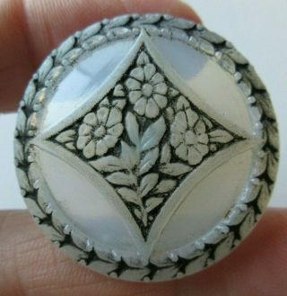 Magnificent Large Antique Vtg Opalescent Glass Button W/ Enamel Flowers (l)