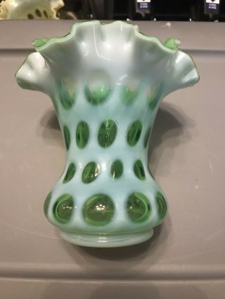 Rare Vintage Fenton Opalescent Green Coin Dot Spot Ruffle Vase