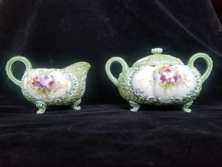 Antique Nippon Moriage Beaded Floral Hand Painted Creamer And Sugar Bowl W/ Lid