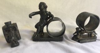 3 Art Nouveau Silverplate Napkin Rings W/ Figures Non - Matching