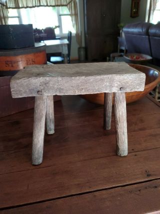 Aafa Early Old Antique Primitive Wood Milking Stool Bench 4 - Leg Chair