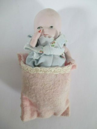 Antique German Bisque Jointed Baby Doll With Bottle 3 1/4 Inches Long
