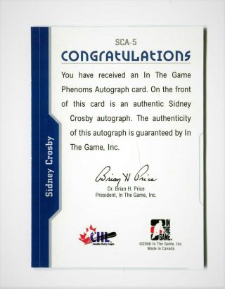 2006 ITG Phenoms Autographs SC05 Sidney Crosby (In The Game) SP Rare SCA - 5 2