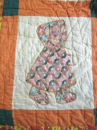 Vintage Feed Sacks Hand Sewn SUNBONNET SUE Applique Quilt; 84 
