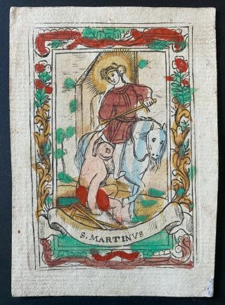 Engraving Antique 18th? Cent Holy Card Hand Paint On Paper St Martinus Martin