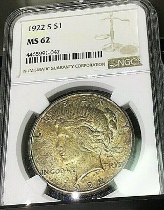 1922 Peace Dollar Ngc Ms62 Rare Toned United States Peace Dollar With.  99c Start