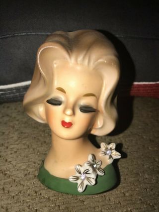 Vintage Napco Ware Small Mini Lady Head Vase Green C6525