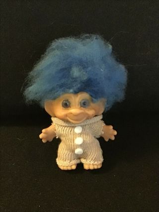 1960s 3 Inch Vintage Troll Doll Blue Hair And Eyes In A Cute Knit Romper