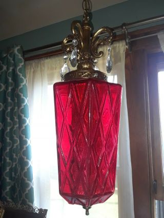 Vintage Red Mcm Hanging Swag Lamp Light W/ Diffuser Rare Diamond Pattern Glass