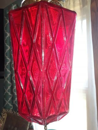Vintage Red Mcm Hanging Swag Lamp Light W/ Diffuser Rare Diamond Pattern Glass 3