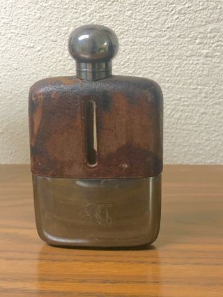 Antique James Dixon & Son 3/16 Pt Silver Plated Leather Glass Hip Flask With Cup