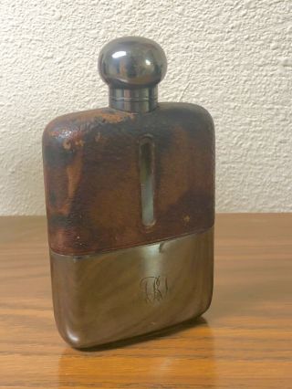 Antique James Dixon & Son 3/16 Pt Silver Plated Leather glass Hip Flask with Cup 2