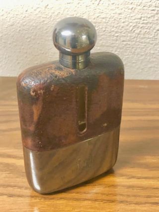 Antique James Dixon & Son 3/16 Pt Silver Plated Leather glass Hip Flask with Cup 3