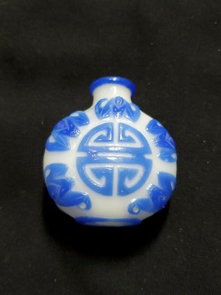 Antique Chinese Qing Carved Peking Glass Blue & White Snuff Bottle W No Stopper