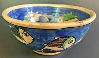 Old Persian Qajar Blue Bowl - Fish Design