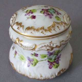 Antique Hp French Sevres Porcelain Powder Box Violets Fancy Gilt Accents Marked