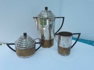 Vintage Chrome And Brass Art Deco Set Tea/coffee Pot Sugar Bowl & Creamer