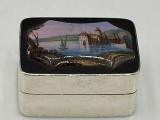Rare Vintage Hallmarked Solid Sterling Silver & Enamelled Picture Scene Pill Box