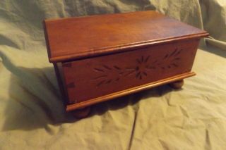Vintage Folk Art Handmade Walnut Wood Box Bun Feet Dovetail Constr.  N Chip Carved