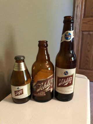3 Vintage Schlitz Beer Bottles Includes Rare 7 Ounce With Cap