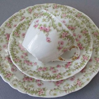 Antique Limoges Porcelain Trio Demitasse Cup Saucer,  Plate Pink Rose Swags