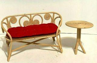Vintage Bamboo Wicker Rattan Fashion Doll Furniture Couch & Table Barbie Size