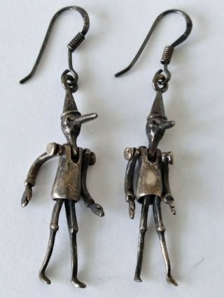 Vtg.  925 Sterling Silver Hand Made Earrings With Pinocchio Unique Rare (5.  0grams)
