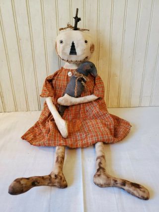 Primitive Grungy White Pumpkin Lady Halloween Doll & Her Crow
