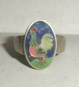 Vintage Chinese Export Silver Adjustable Enamel Rooster Ring Signed Size 6.  5