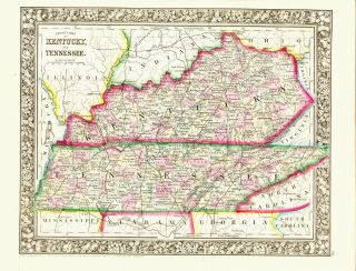 1860 Mitchell Hand Colored Map Kentucky And Tennessee - Pre Civil War - Outstanding