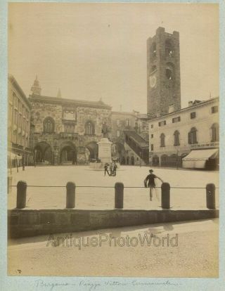Bergamo Italy Vittorio Emanuele Piazza View Antique Albumen Art Photo