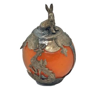 Old Chinese Orange Jade Dragon Ball - Asian Figurine Silver Tone Metal - Zodiac