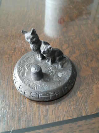 Antique Pewter Thimble Holder With 2 Dogs