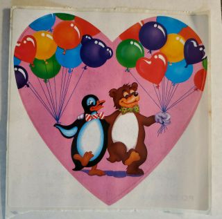 Vintage Lisa Frank Jumbo Heart Balloons Sticker - Penguin - Teddy Bear Rare 1984