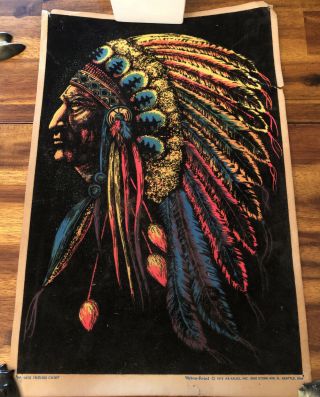 1972 Vintage Flocked Blacklight Poster Native " Indian Chief " Aa Sales Seattle