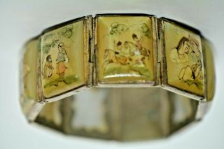 Signed Antique Chinese Story Bracelet 8 Links Hand Painted Mother Of Pearl