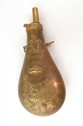 Antique Masonic Shield Us Eagle Shaking Hand Brass Black Powder Flask