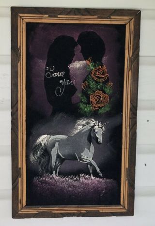 Unicorn Vintage Black Velvet Painting Kitsch Love You Roses Mexico 22” X 13”