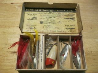 Vintage Tony Accetta Tackle Box With 5 Fishing Lures 1930s - 1940s Ohio Made